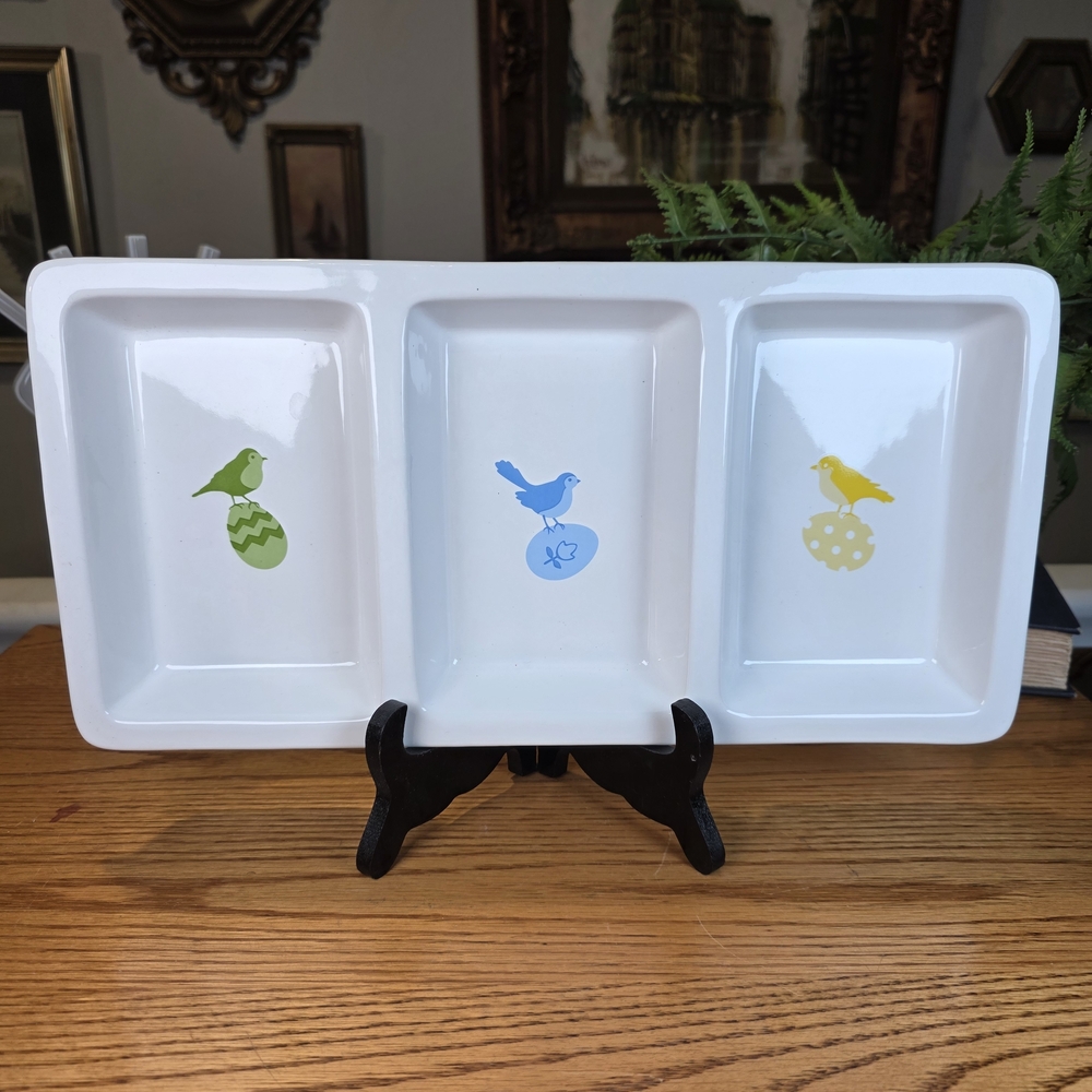 President's Choice Spring Birds & Easter Egg 3-Section Ceramic Tray 13"x7"